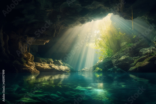 A serene underwater cave with sunlight filtering through a natural opening - underwater, bokeh Generative AI