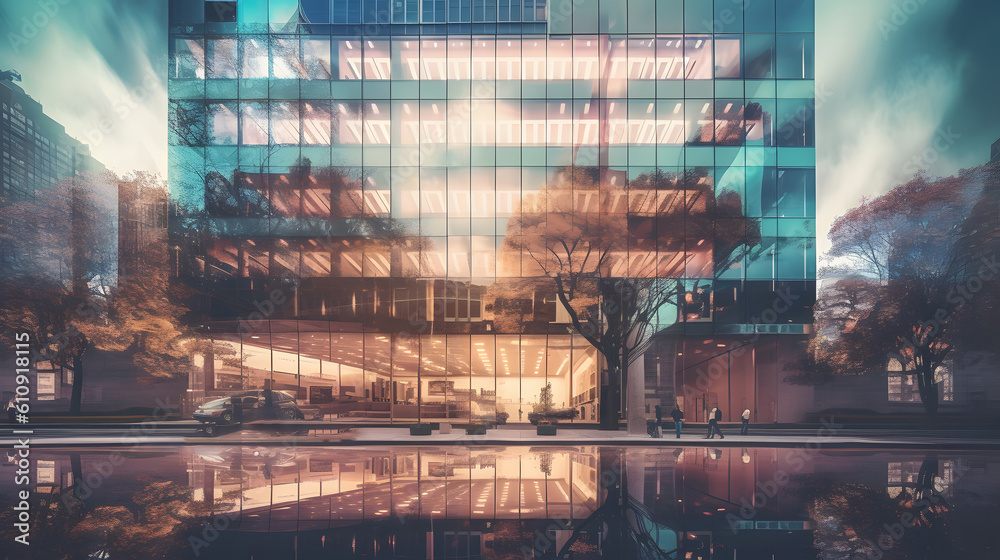 Double exposure modern office building. AI Generated.