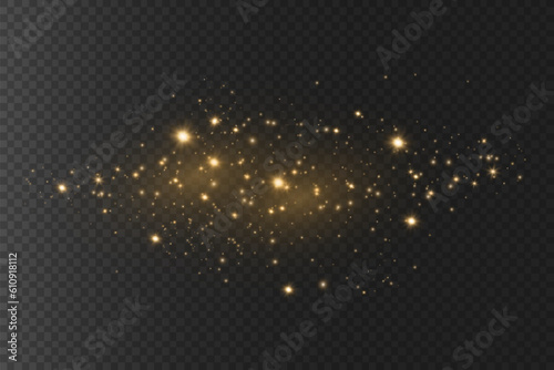 Dust sparks and stars shine with a special light. Christmas light effect. Glittering particles of magic dust.Vector sparkles on a transparent background.