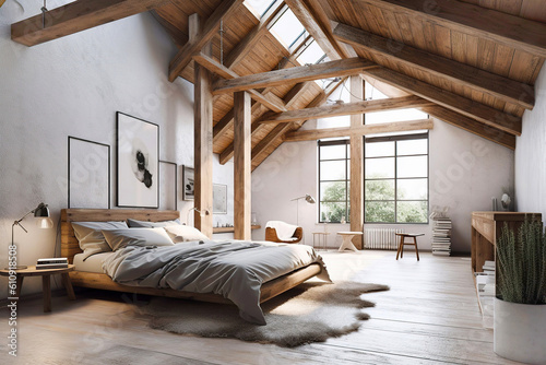 Loft style interior design of modern bedroom in attic. Created w