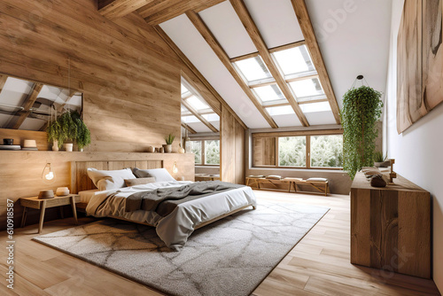 Cozy attic with wooden lining wall. Interior design of modern be