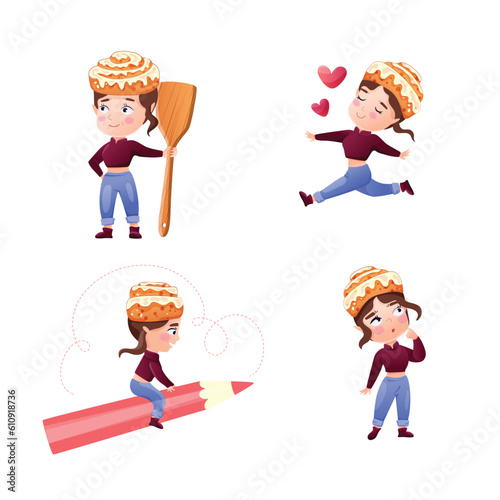 Characters set with a cinnamon bun. Girl in different poses with a bun on her head. Vector illustration for cooking, bakery