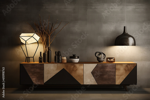 Interior design composition with a modern sideboard with a lamp and vases on it. Generative AI