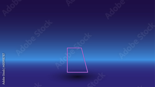 Neon trapezium symbol on a gradient blue background. The isolated symbol is located in the bottom center. Gradient blue with light blue skyline