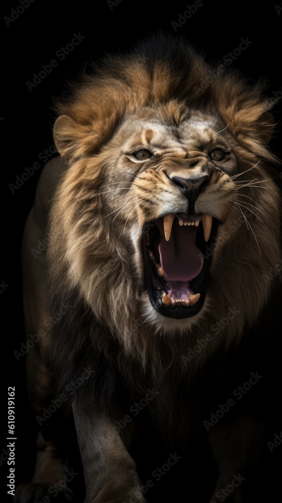 Portrait of a male lion with open mouth on a black background. Generative AI