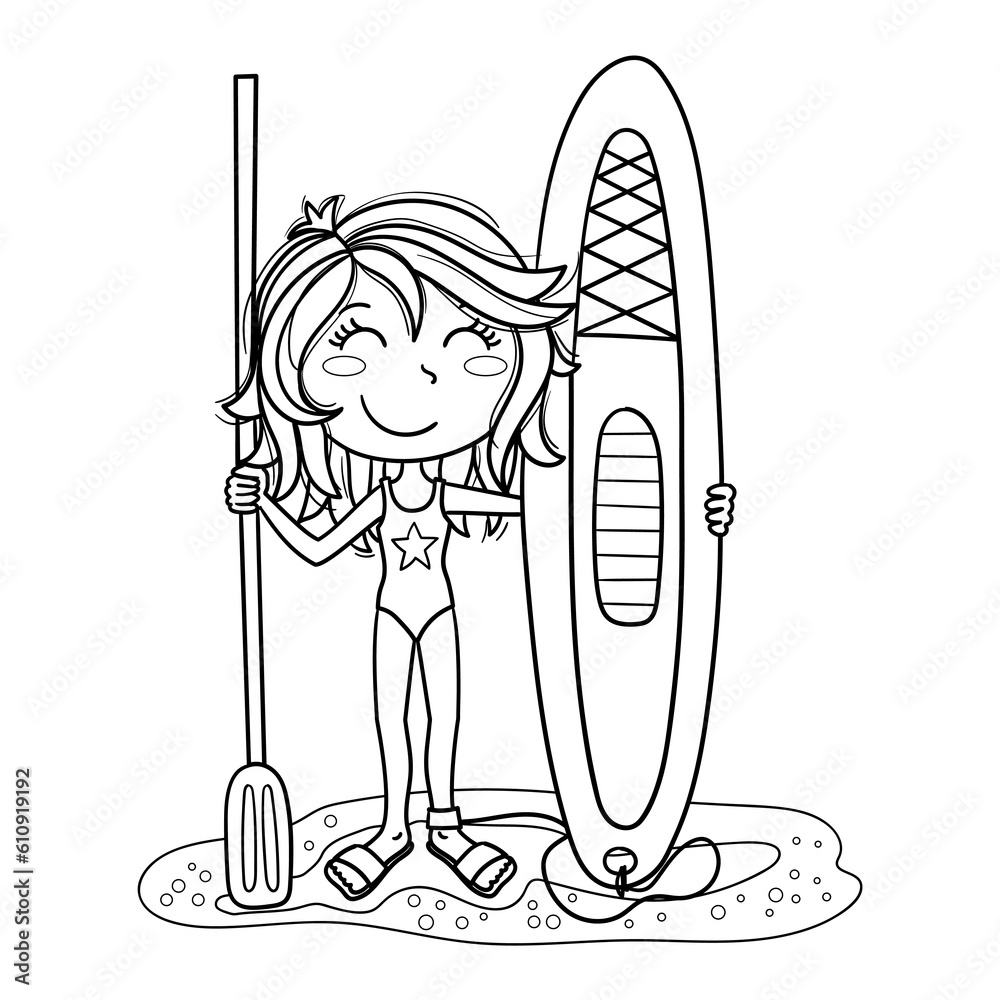 Εκτύπωση καμβά Illustration in black and white of a girl ready to practice paddle surfing, desi
