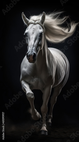 Beautiful white horse with long mane in motion on black background  Generative AI