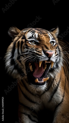 Portrait of a tiger on a black background. Studio shot. Generative AI