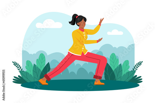 Woman practices tai chi in a serene garden.