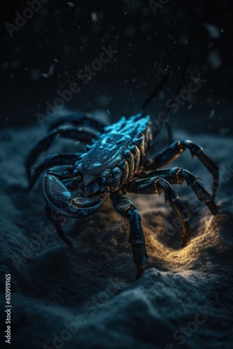 Close up of a blue scorpion on a black background with snow. Generative AI