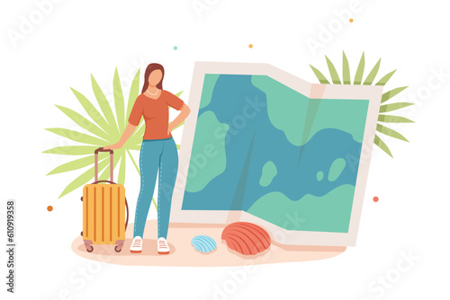 Woman standing with luggage near the map, planning travel abroad, going to great adventure. Vacation across world. Voyage overseas. Vector cartoon illustration