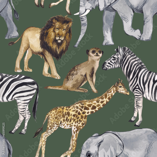 Watercolor seamless pattern with African animals. Realistic illustrations of lion, zebra, elephant, giraffe, meerkat. Design of children's products, textiles, stationery, interior design.