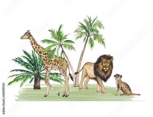Photography Watercolor composition with African animals and plants