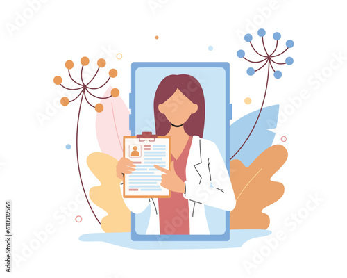 Faceless cartoon woman doctor points to patient form. Professional medical help. Making diagnoses and treating online remotely. Vector illustration on white background