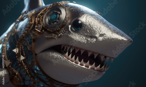 The relentless predator  the anthropomorphic shark  becomes even more formidable in its protective military armor. Creating using generative AI tools