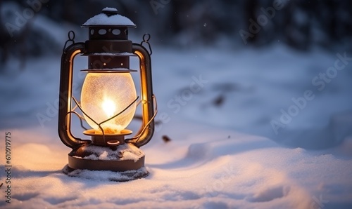 lantern in winter with snow on ground, in the style of depictions of inclement weather © uhdenis