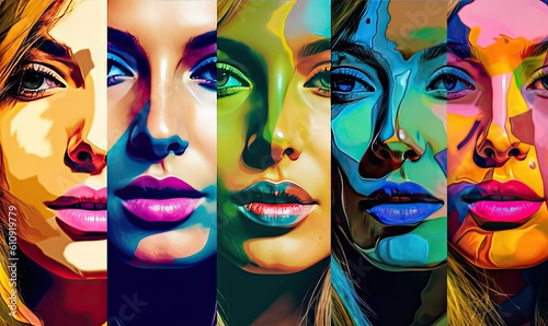 colorful faces of women on abstract painters painted on paper