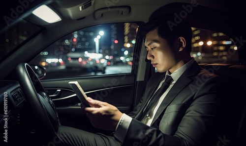 Modern business on the go: Asian businessman using tablet in car Creating using generative AI tools © uhdenis
