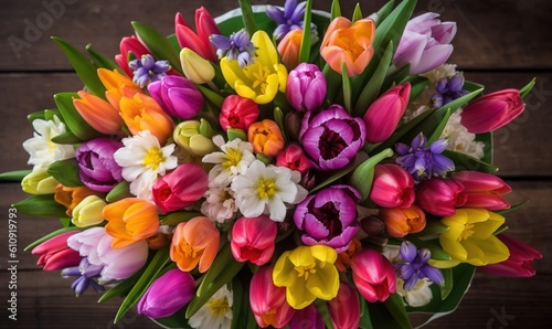 bouquet of brightly colored tulips on a table