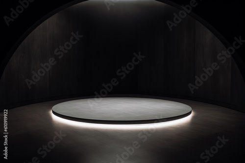 a circular platform podium with white neon light on dark background. Created with Generative AI Technology