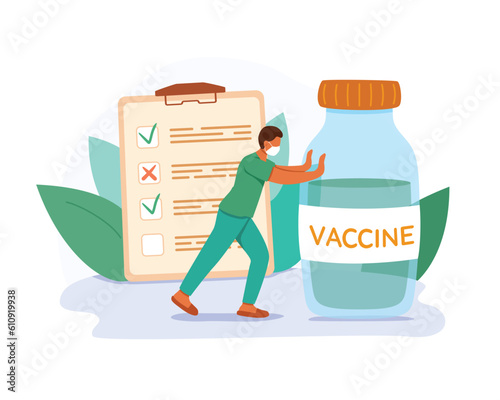 Vaccinate concept. Nurse in uniform standing in hospital and pushing vaccine bottle. Clipboard with vaccination schedule on background. Cartoon flat vector illustration in blue and green colors