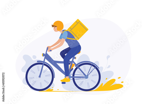 Cartoon character of young courier delivering parcels using different transport. Regional parcel carriers on bike with backpack. Modern postal system. Vector illustration