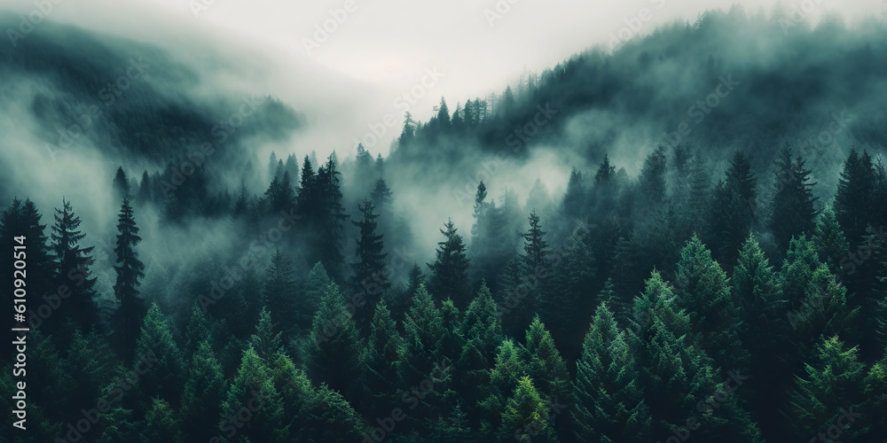 Fototapeta premium Misty landscape with fir forest in vintage retro style. Generative AI