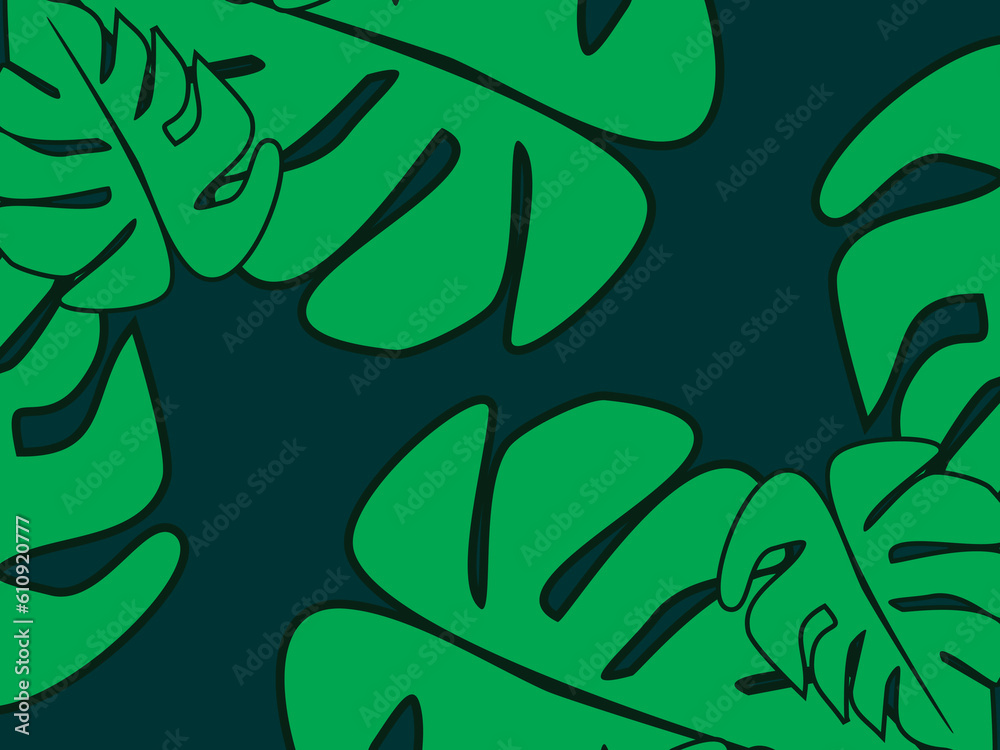 Abstract foliage and botanical background. Green tropical forest wallpaper of monstera leaves, palm fronds, branches with hand drawn pattern. Exotic plant background for banners, prints, etc.
