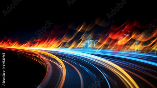 Colorful Light Trails Representing Motion, High Speed Light Affect, Black Background, Generative AI