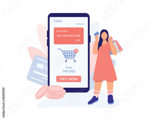 Online banking. Woman with credit card and bags buying purchases through mobile application. Online payment confirmation. Vector flat illustration in blue and pink colors