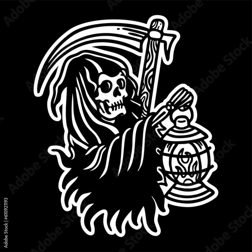vector illustration skeleton skull grim reaper artwork . Can be used as Logo, Brands, Mascots, tshirt, sticker,patch and Tattoo design.