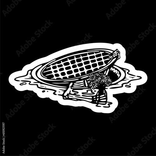 vector illustration skeleton skull bring flower at manhole cover drainase street. Can be used as Logo, Brands, Mascots, tshirt, sticker,patch and Tattoo design.