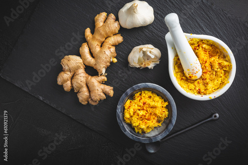 Homemade fresh ginger and garlic paste or Adrak Lahsun puree photo