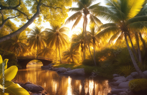 illustrazione generative ai di panorama tropicale con laghetto, corso d'acqua e piccolo ponte avvolti da una vegetazione lussureggiante, luce del tramonto photo