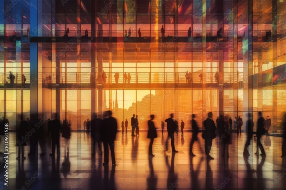 Blurred silhouette of office employees in a modern minimal business building. Generative Ai
