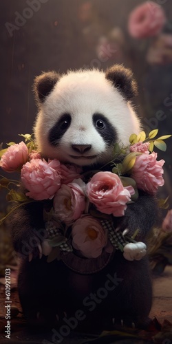 tiny cute baba panda holding colorful flowers created using generative ai tools,  © Salander Studio