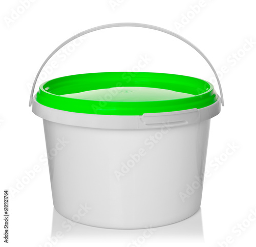 White plastic bucket with lid on a white background.