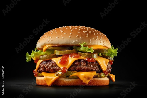 Fresh cheeseburger isolated on dark background. Created with Generative AI Technology