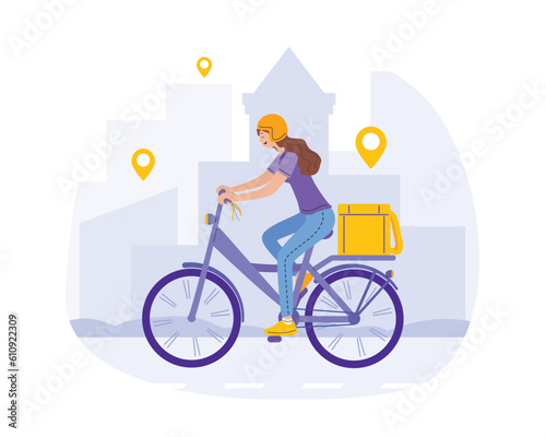 Cartoon female courier in helmet delivering parcels. Express delivery services to home or office using bike. Vector flat style illustration on white background