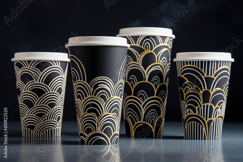 Coffee paper cups with gold pattern on a black background. Generative ai
