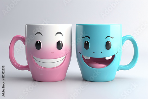 Coffee mug with smiley face - 3D Rendering. Pink and blue. Generative ai