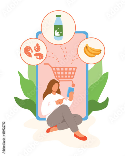 Girl adds to cart products from supermarket online from home. People making purchases over internet. Choosing different goods online. Digital environment and electronic commerce. Vector