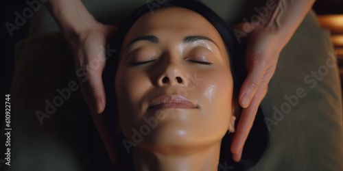 Lifestyle portrait of woman at luxury spa receiving facial massage treatment, Close up, Generative AI