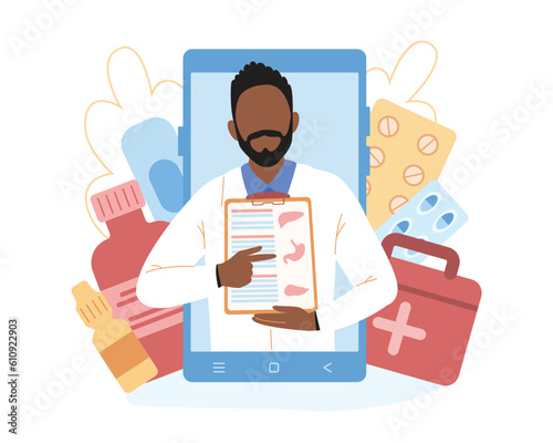 African cartoon man working as online doctor. Process of providing modern healthcare services. Online telemedicine sector. Vector illustration on white background