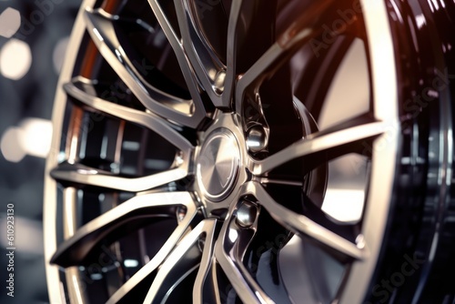 close-up view of a shiny high-tech car rim, ai tools generated image