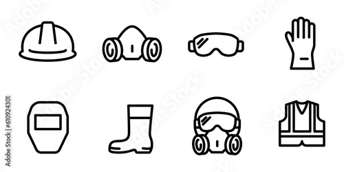 Protection and safety in the workplace, signs set. work area safety, linear icons. Hazard notice and warning. Line with editable stroke