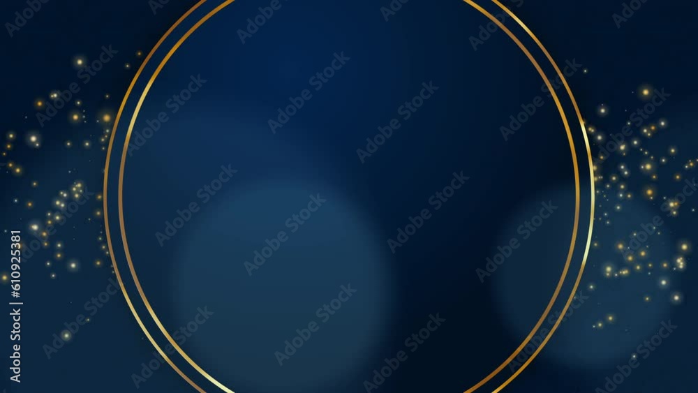 Golden rings on blue background with shiny particles. Animated looping screensaver with empty copy space for text in center. Festive greeting card.