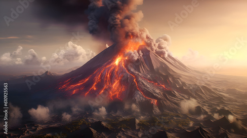 Volcano eruption scenery background . Created by generative AI .