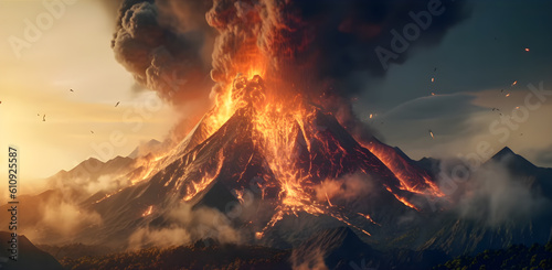 Volcano eruption scenery background . Created by generative AI .