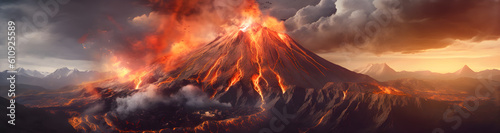 Fényképezés Volcano eruption panoramic view . Created by generative AI .